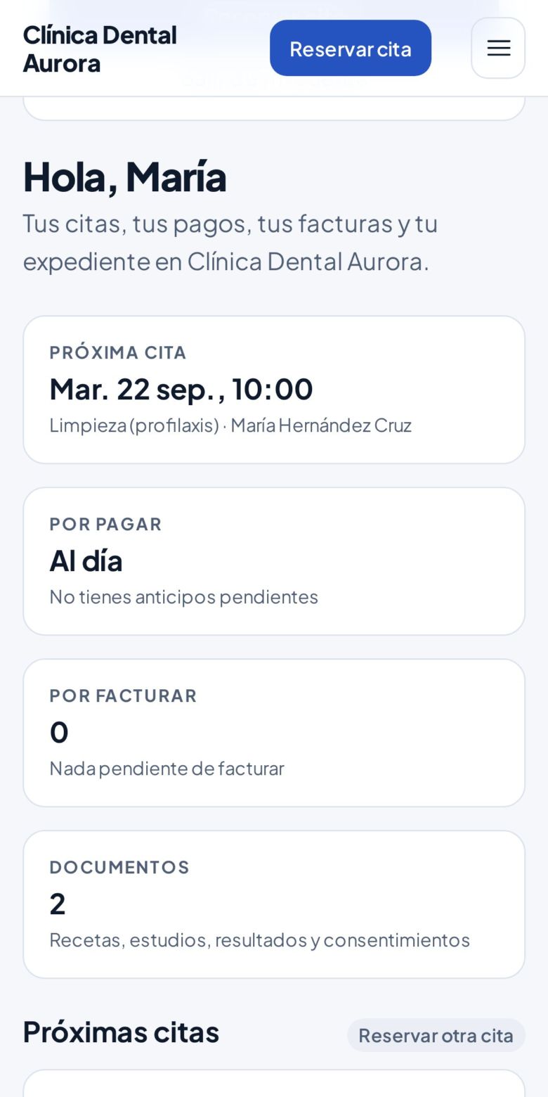 La cuenta de la paciente: su próxima cita, lo que debe y sus documentos.