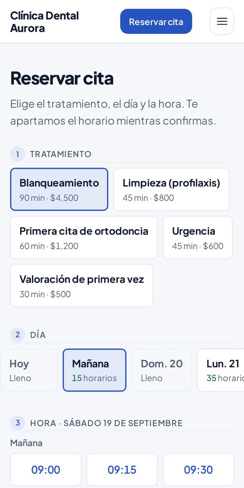 Reservar cita desde el celular: tratamiento, día y horarios libres.