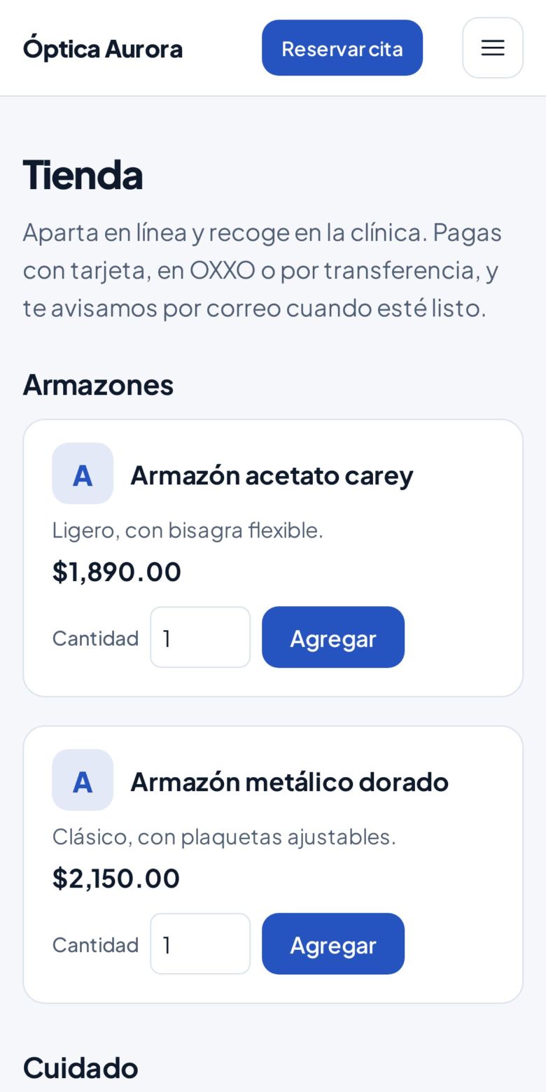 La tienda en línea de una óptica con armazones y su precio.