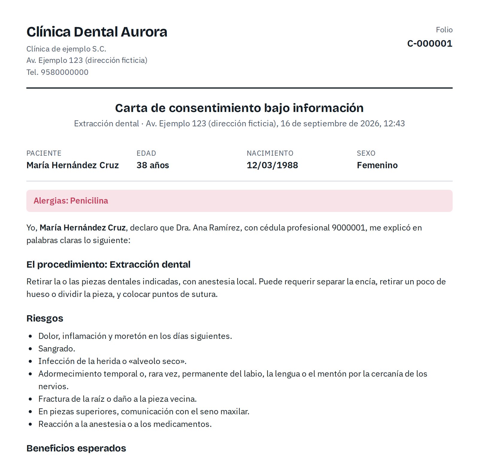 Carta de consentimiento bajo información con los datos del paciente.