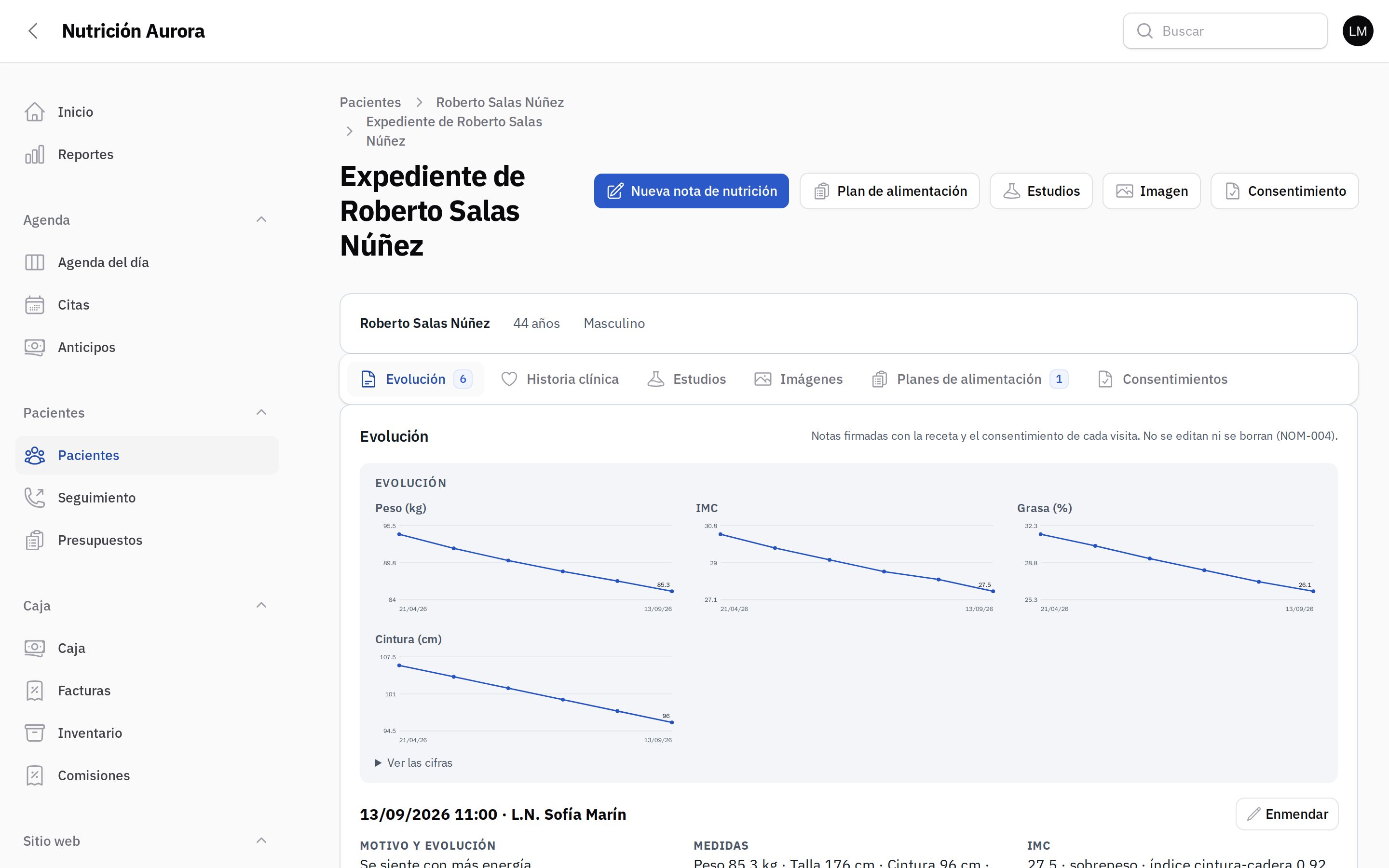 El expediente de un paciente de nutrición con su peso, IMC, grasa y cintura graficados consulta a consulta.