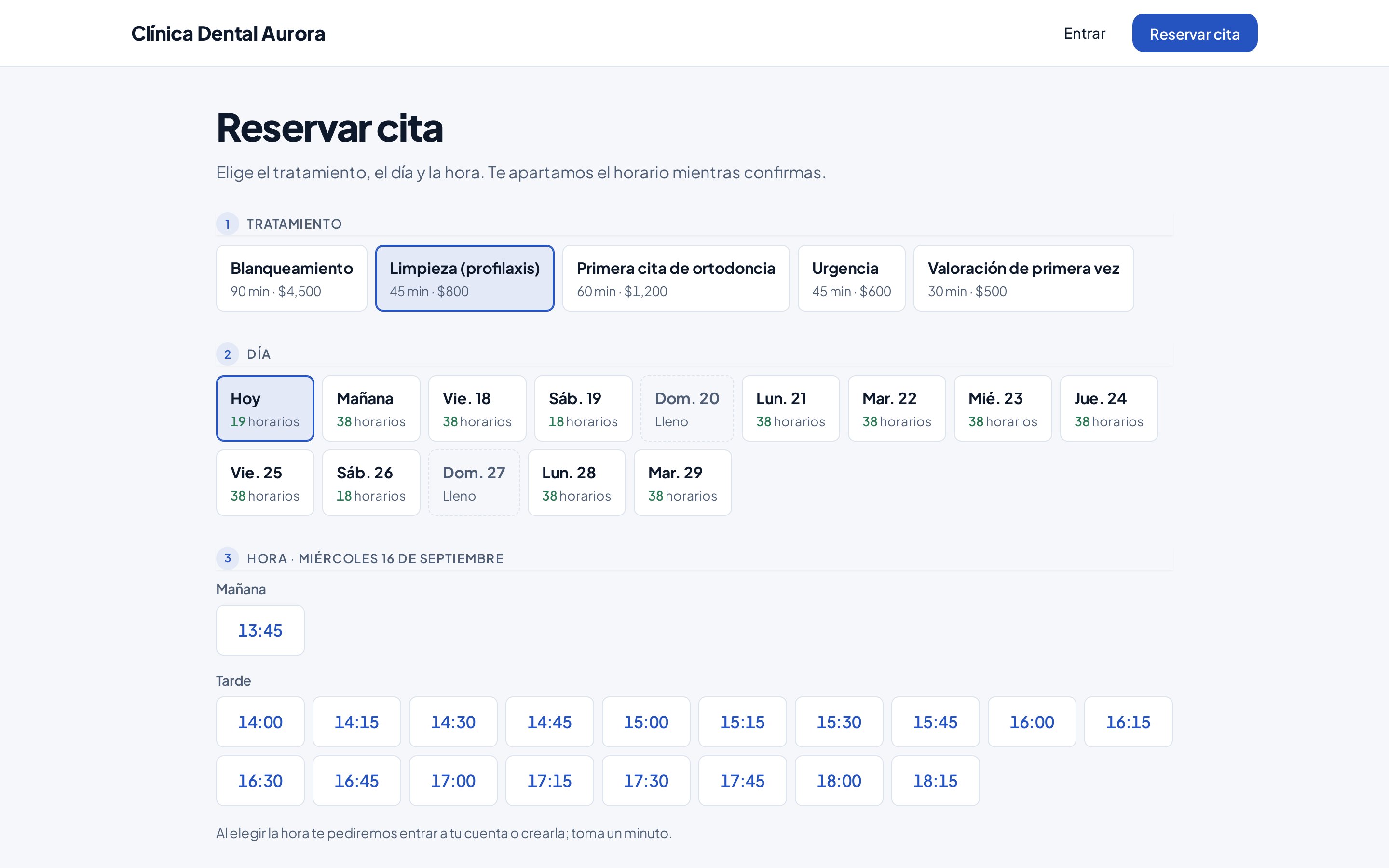 La página de reservas de una clínica, donde el paciente elige su tratamiento.